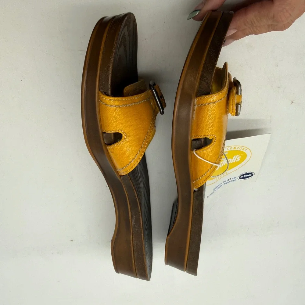 Dr Scholls Womens Yellow Faux Wood Wedge Slide Sandals Size 9 Retro Summer Boho